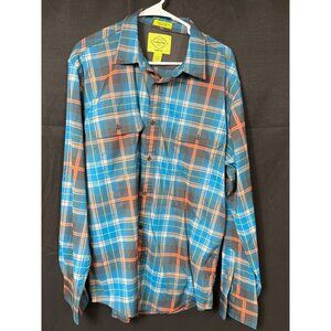 St. Johns Bay SKu 7619 Mens blue and Orange Plaid Long Sleeve Shirt Size L